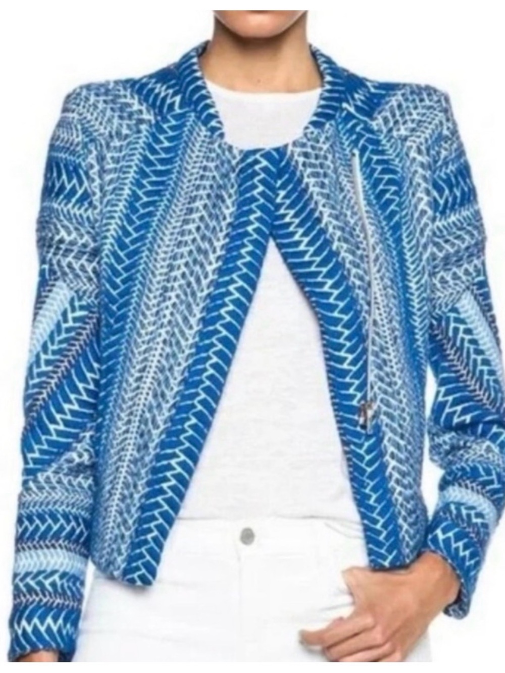 IRO Ozaka Blue and White Quilted Moto Jacket Size 4